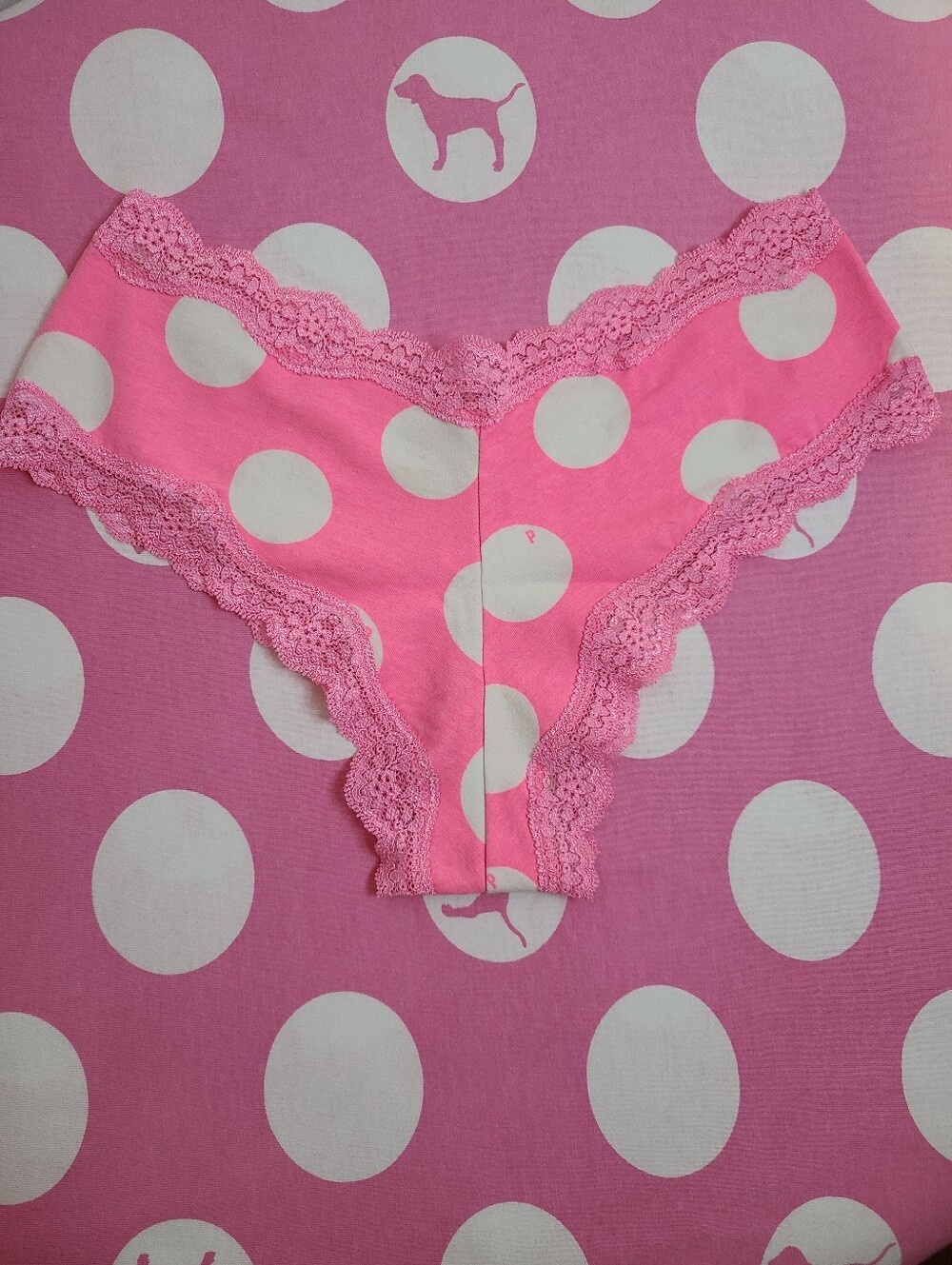Rare VTG VS PINK Pink Polka Dot Cotton Lace Cheeky Tanga Panty Size Sm